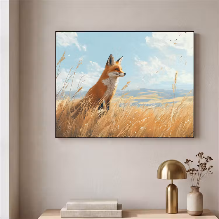 Vos - Gras - Wolken - Oranje Textielframe - compleet frame klein -sfeer2