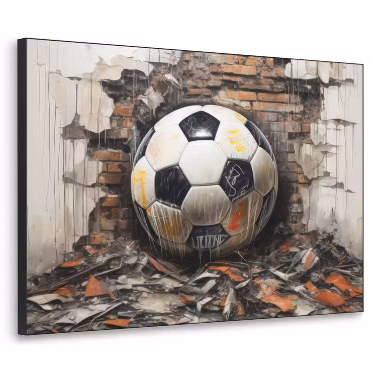 Voetbal - Muur - Zwart - Wit Textielframe zwart klein -3d