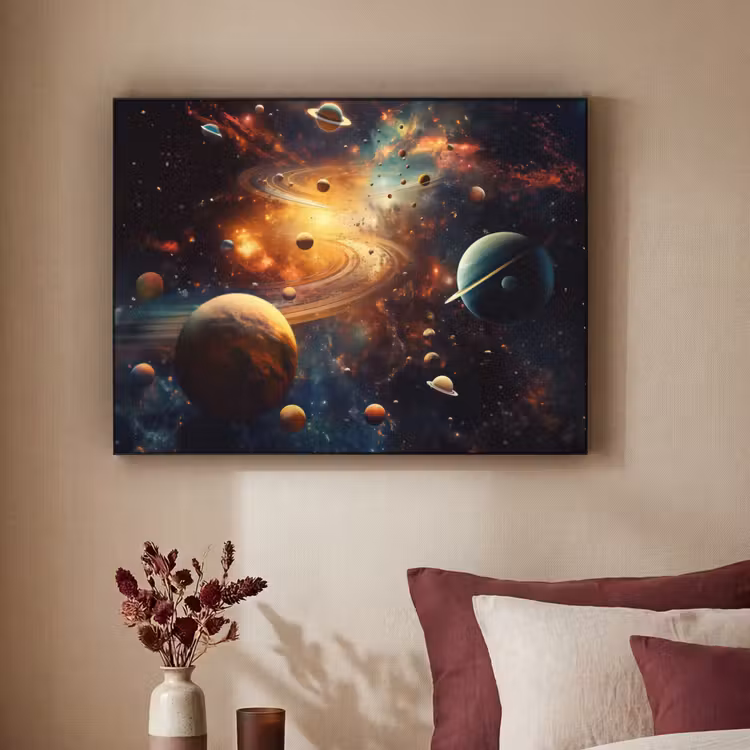 Melkweg - Ruimte - Neon - Planeten Textielframe zwart klein -sfeer1