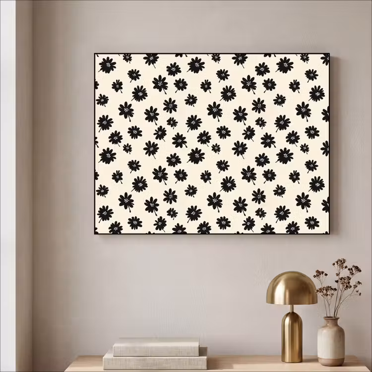 Madeliefjes - Grafisch - Zwart - Beige Textielframe zwart klein 947 -sfeer2