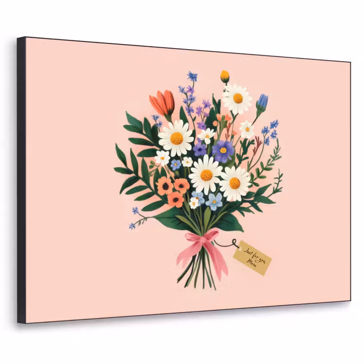 Margrieten - Boeket - Strikje - Roze Textielframe - compleet frame klein -3d