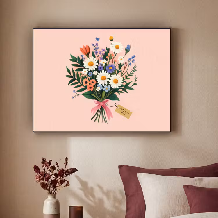 Margrieten - Boeket - Strikje - Roze Textielframe - compleet frame klein -sfeer1
