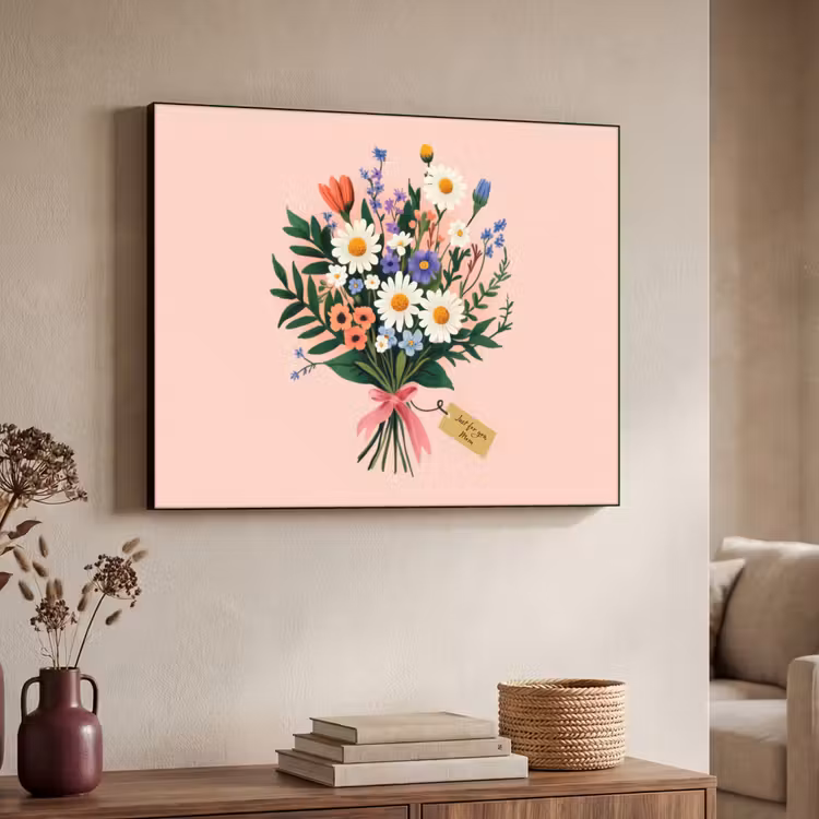 Margrieten - Boeket - Strikje - Roze Textielframe zwart klein -sfeer3