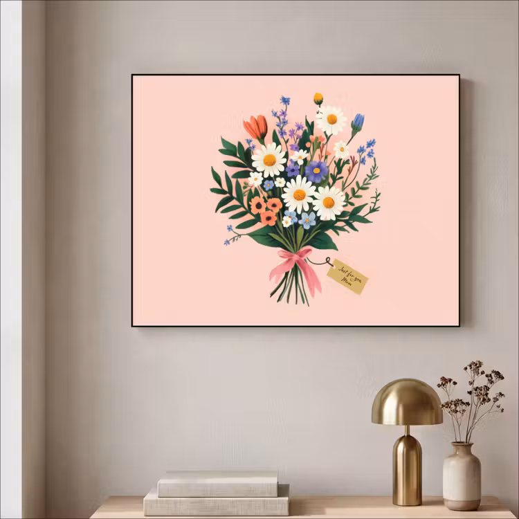 Margrieten - Boeket - Strikje - Roze Textielframe - compleet frame klein -sfeer2