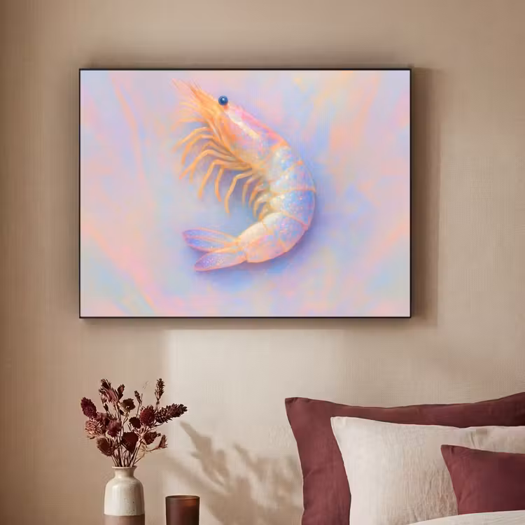 Garnaal - Subtiele structuur - Blauw - Roze Textielframe - compleet frame klein -sfeer1