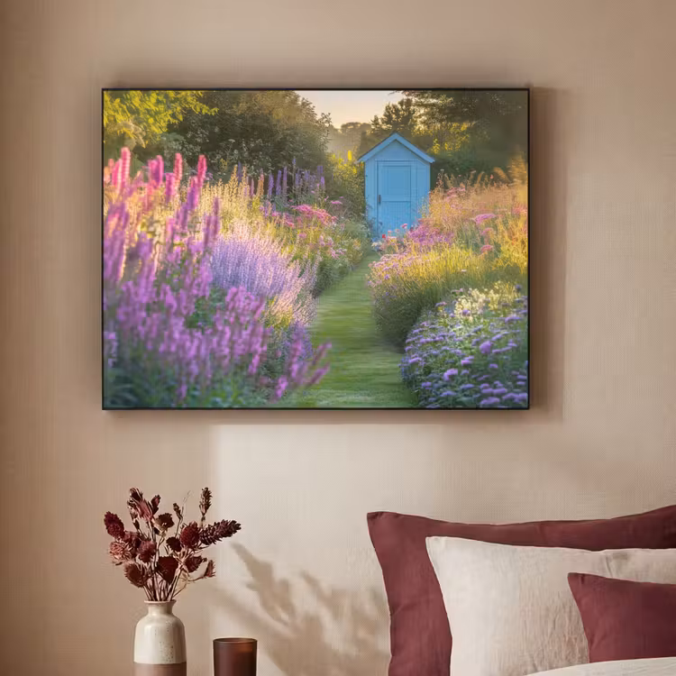 Tuinhuisje - Blauw - Bloemen Textielframe zwart klein -sfeer1