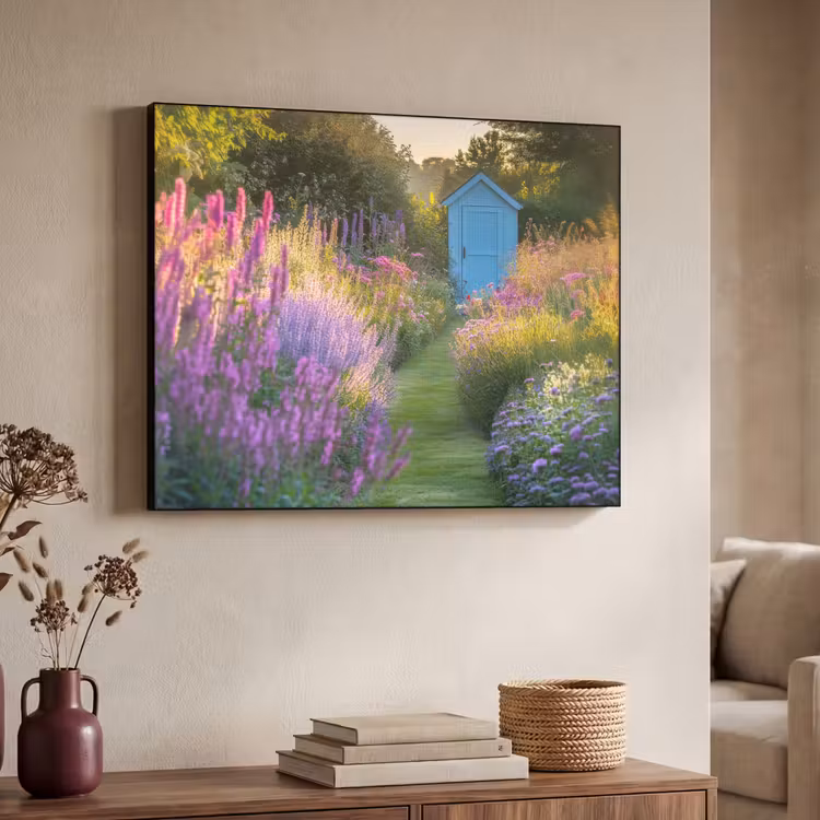 Tuinhuisje - Blauw - Bloemen Textielframe zwart klein -sfeer3