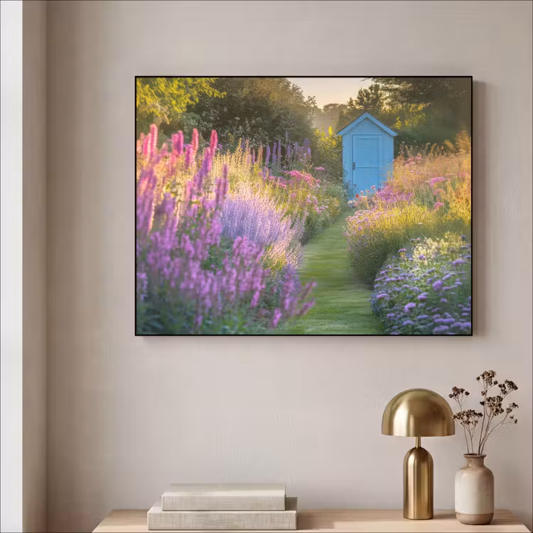 Tuinhuisje - Blauw - Bloemen Textielframe - compleet frame klein -sfeer2