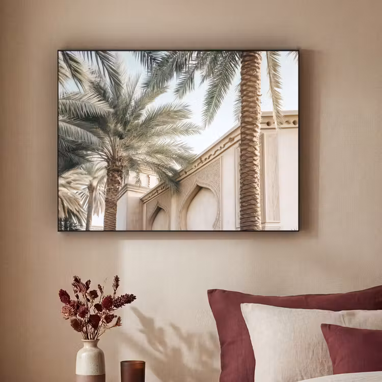 Gebouw - Palmbomen - Beige - Zon Textielframe - compleet frame klein -sfeer1