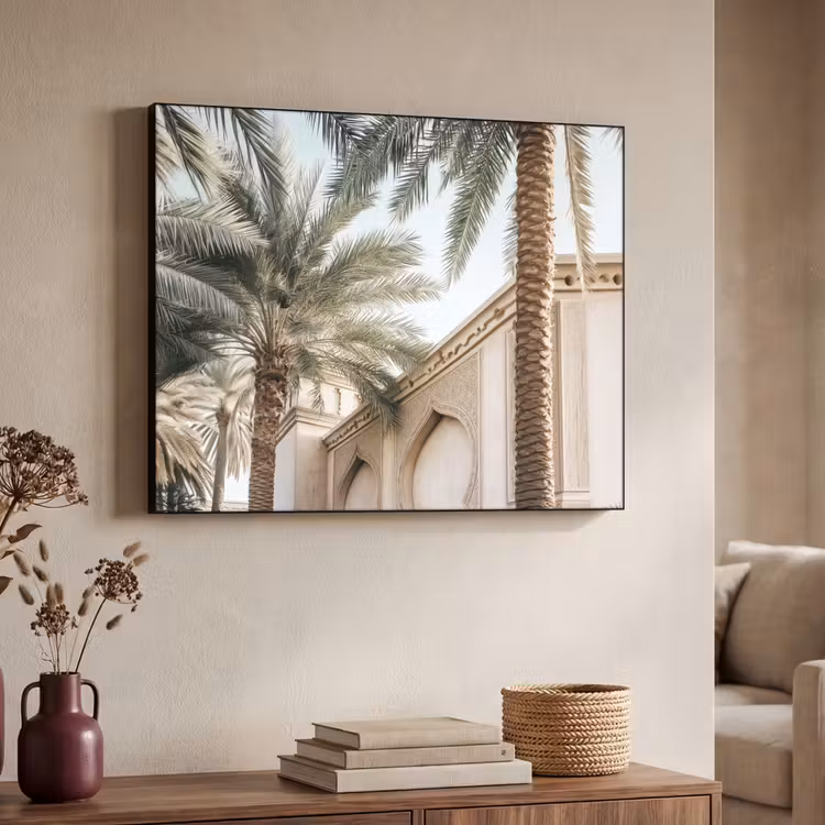 Gebouw - Palmbomen - Beige - Zon Textielframe zwart klein -sfeer3