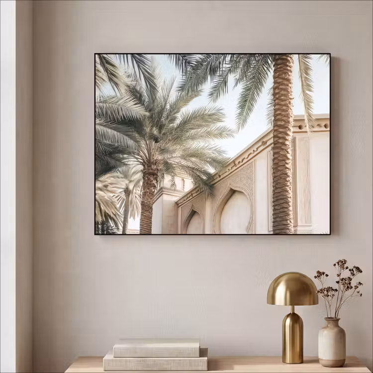 Gebouw - Palmbomen - Beige - Zon Textielframe zwart klein -sfeer2