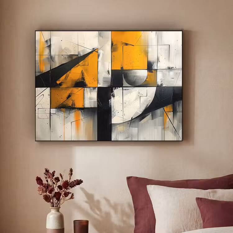 Geel - Abstract - Modern - Vormen Textielframe zwart klein -sfeer1