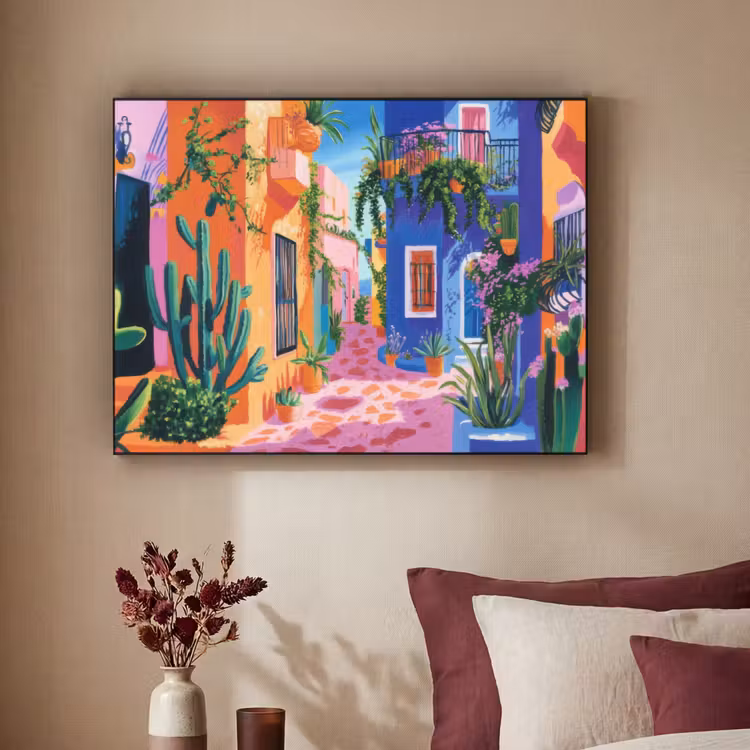 Geel - Blauw - Oranje - Huis Textielframe zwart klein -sfeer1