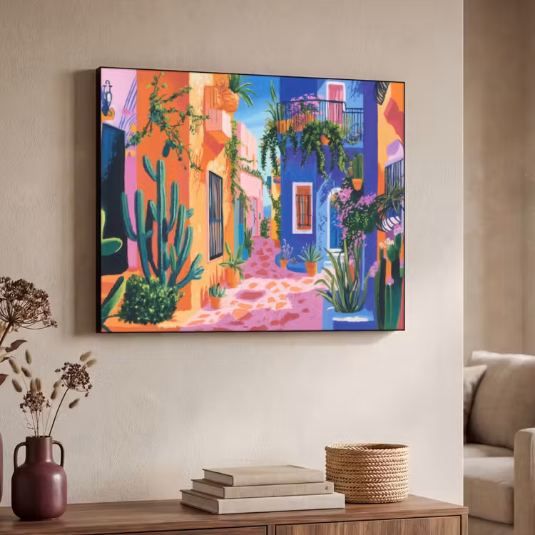 Geel - Blauw - Oranje - Huis Textielframe - compleet frame klein -sfeer3