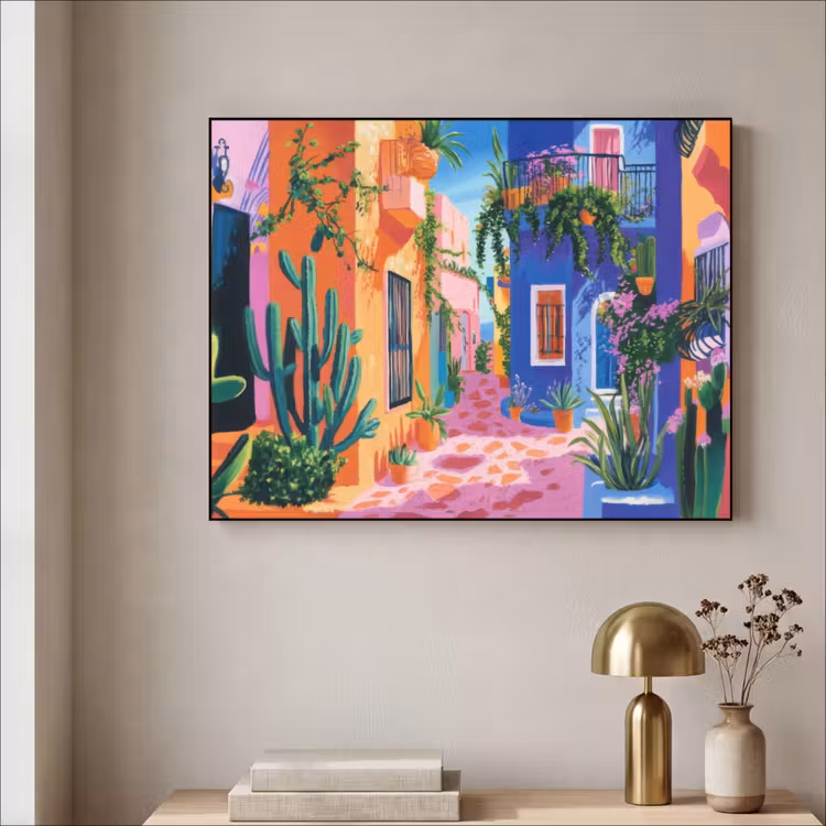 Geel - Blauw - Oranje - Huis Textielframe zwart klein -sfeer2
