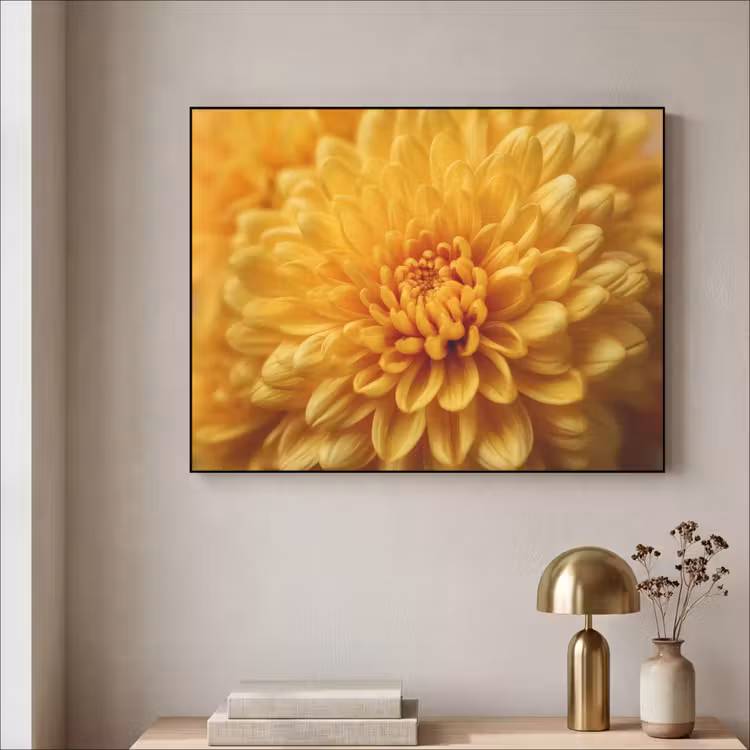 Geel - Chrysant - Zachtheid Textielframe zwart klein -sfeer2