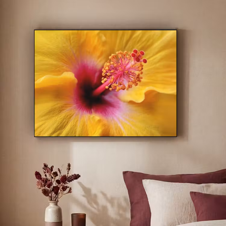 Geel - Hibiscus - Tropisch Textielframe zwart klein -sfeer1