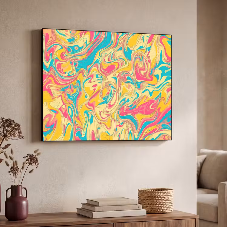 Geel - Roze - Blauw - Retro Textielframe zwart klein -sfeer3
