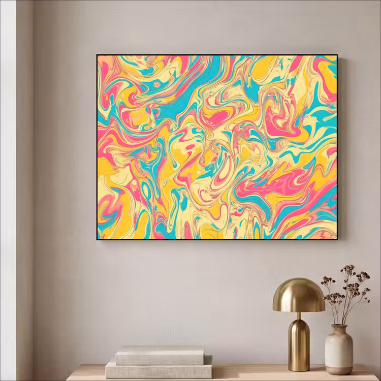 Geel - Roze - Blauw - Retro Textielframe zwart klein -sfeer2