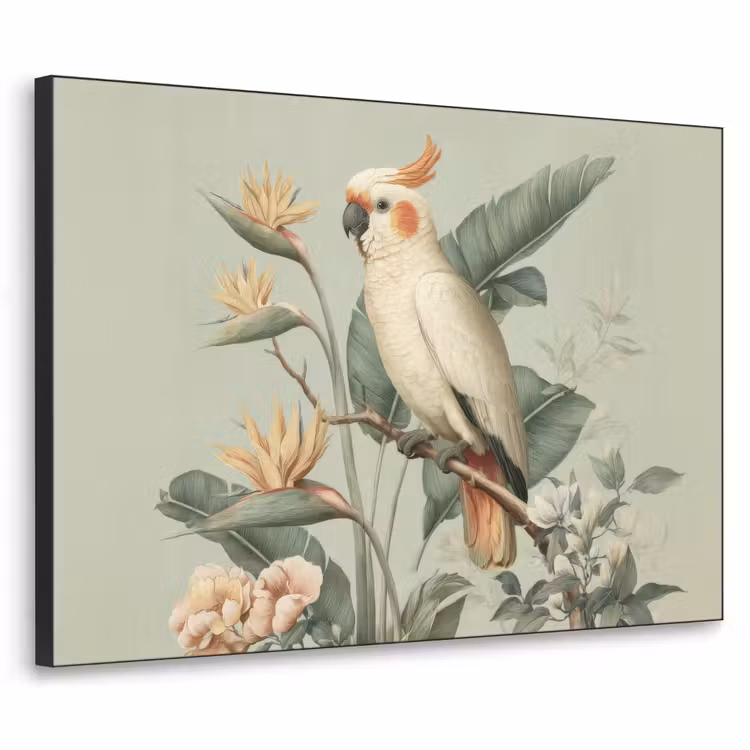 Gele kuifkaketoe - paradijsvogelbloemen - Groen Textielframe - compleet frame klein -3d