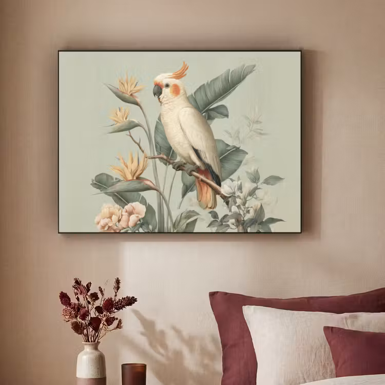 Gele kuifkaketoe - paradijsvogelbloemen - Groen Textielframe - compleet frame klein -sfeer1