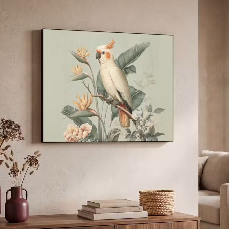 Gele kuifkaketoe - paradijsvogelbloemen - Groen Textielframe - compleet frame klein -sfeer3
