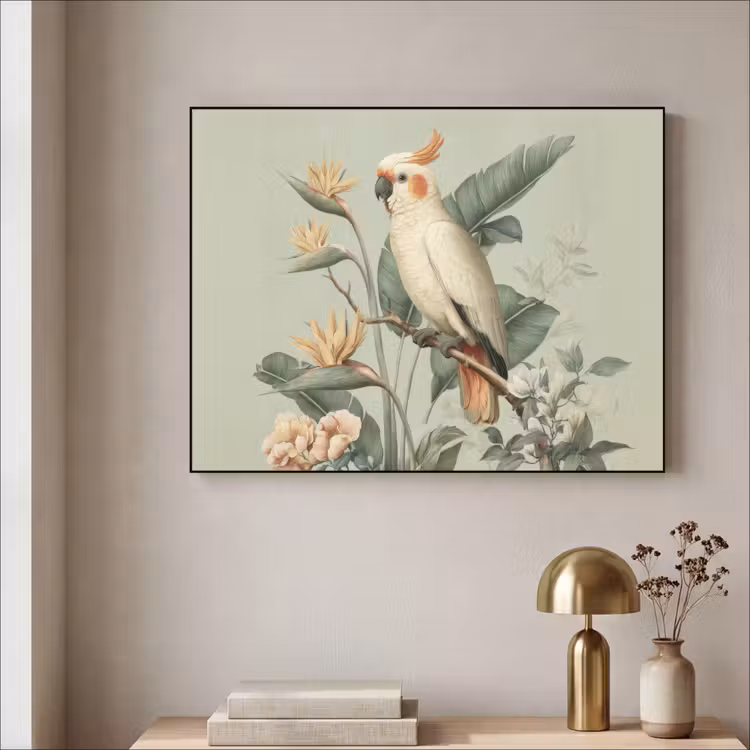 Gele kuifkaketoe - paradijsvogelbloemen - Groen Textielframe zwart klein -sfeer2