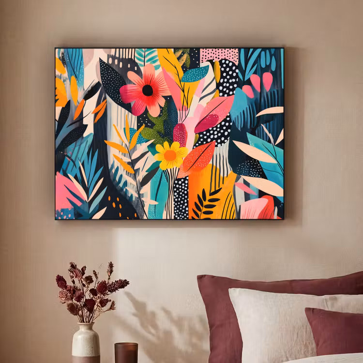 Schilderij - Abstract - Bloemen - Roze Textielframe zwart klein -sfeer1