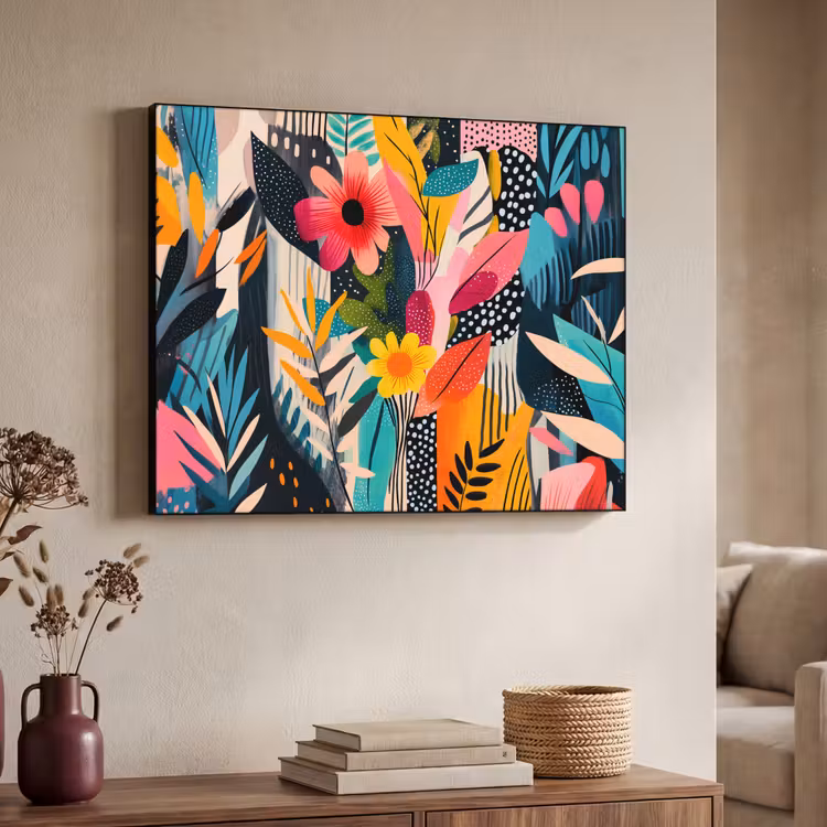 Schilderij - Abstract - Bloemen - Roze Textielframe zwart klein -sfeer3