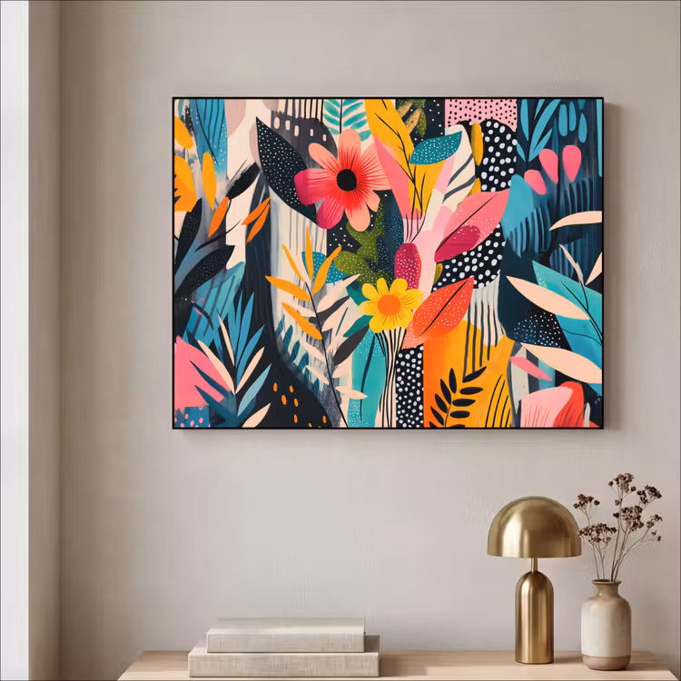 Schilderij - Abstract - Bloemen - Roze Textielframe zwart klein -sfeer2