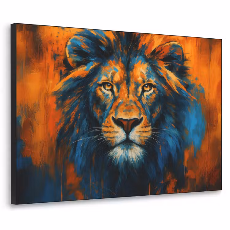 Schilderij - Leeuwenkop - Oranje Textielframe zwart klein -3d
