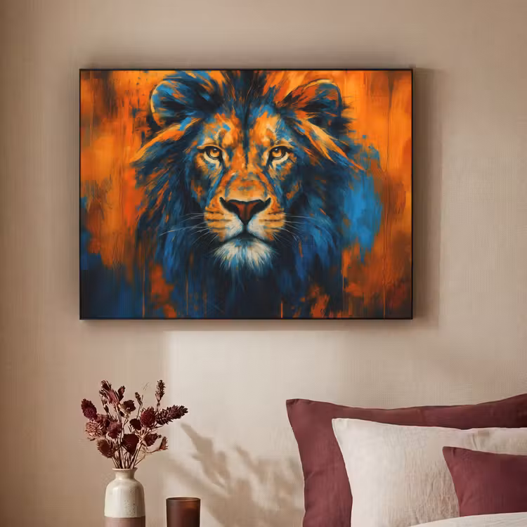 Schilderij - Leeuwenkop - Oranje Textielframe - compleet frame klein -sfeer1