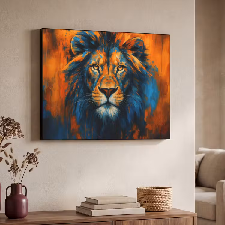 Schilderij - Leeuwenkop - Oranje Textielframe - compleet frame klein -sfeer3