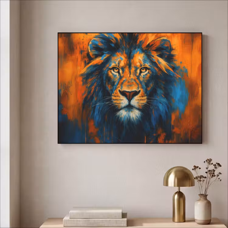 Schilderij - Leeuwenkop - Oranje Textielframe - compleet frame klein -sfeer2