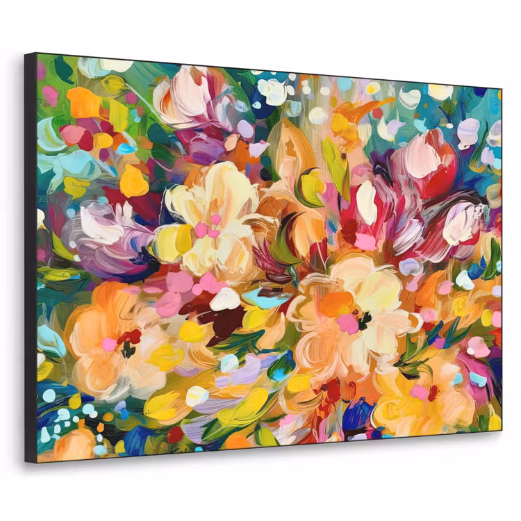 Schilderij - Olieverf - Bloemen - Regenboog Textielframe zwart klein -3d