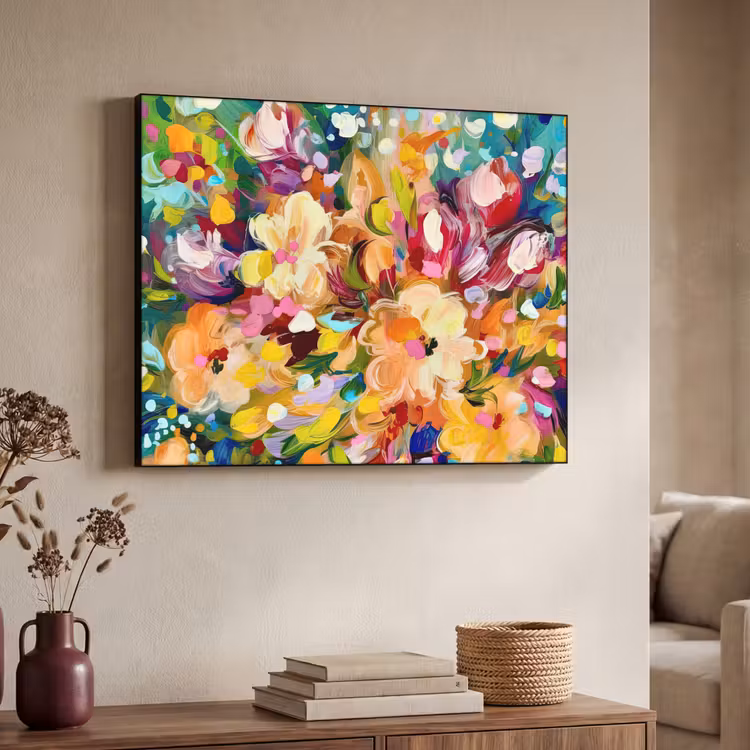 Schilderij - Olieverf - Bloemen - Regenboog Textielframe zwart klein -sfeer3