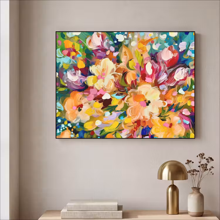 Schilderij - Olieverf - Bloemen - Regenboog Textielframe zwart klein -sfeer2