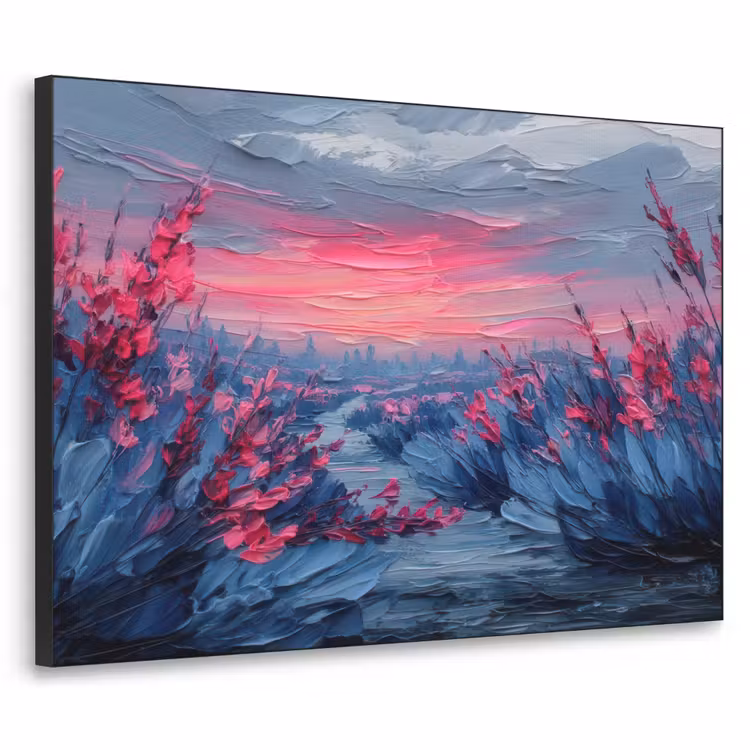 Schilderij - Zonsondergang - Bloemen - Rivier Textielframe zwart klein -3d