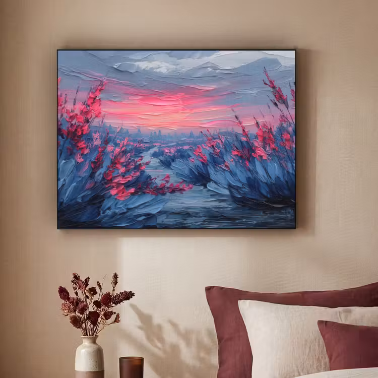 Schilderij - Zonsondergang - Bloemen - Rivier Textielframe - compleet frame klein -sfeer1