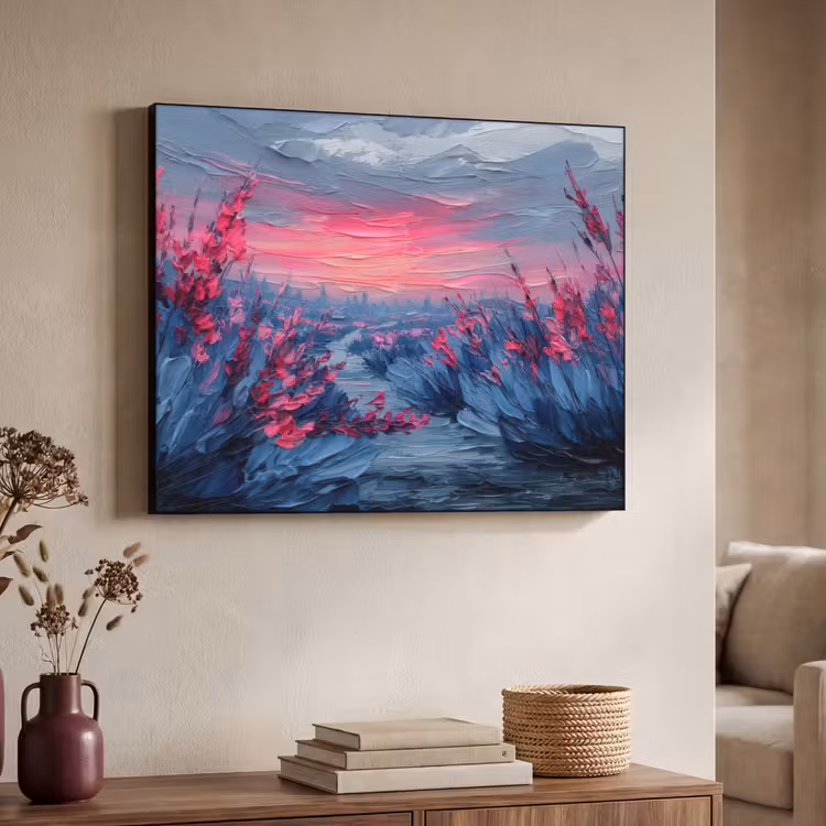 Schilderij - Zonsondergang - Bloemen - Rivier Textielframe - compleet frame klein -sfeer3