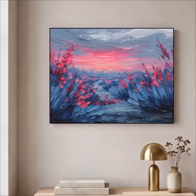 Schilderij - Zonsondergang - Bloemen - Rivier Textielframe - compleet frame klein -sfeer2