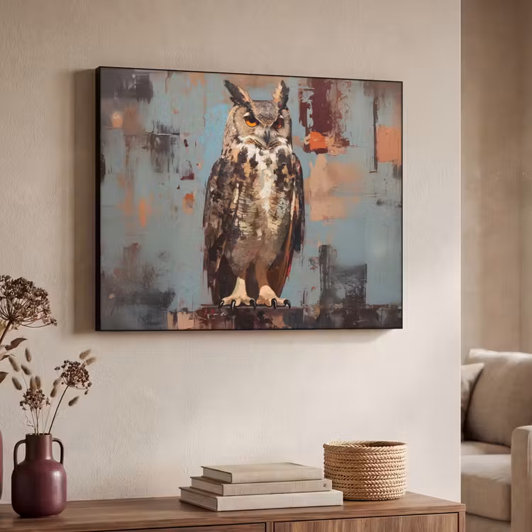 Geschilderd - Abstract - Uil - Bruin Textielframe zwart klein -sfeer3