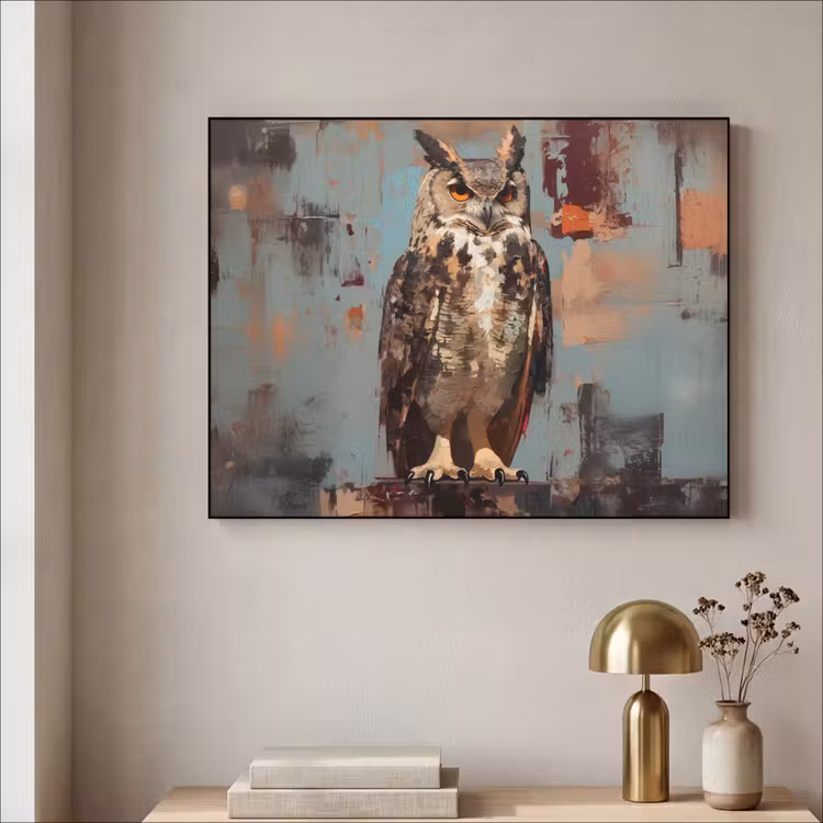 Geschilderd - Abstract - Uil - Bruin Textielframe zwart klein -sfeer2