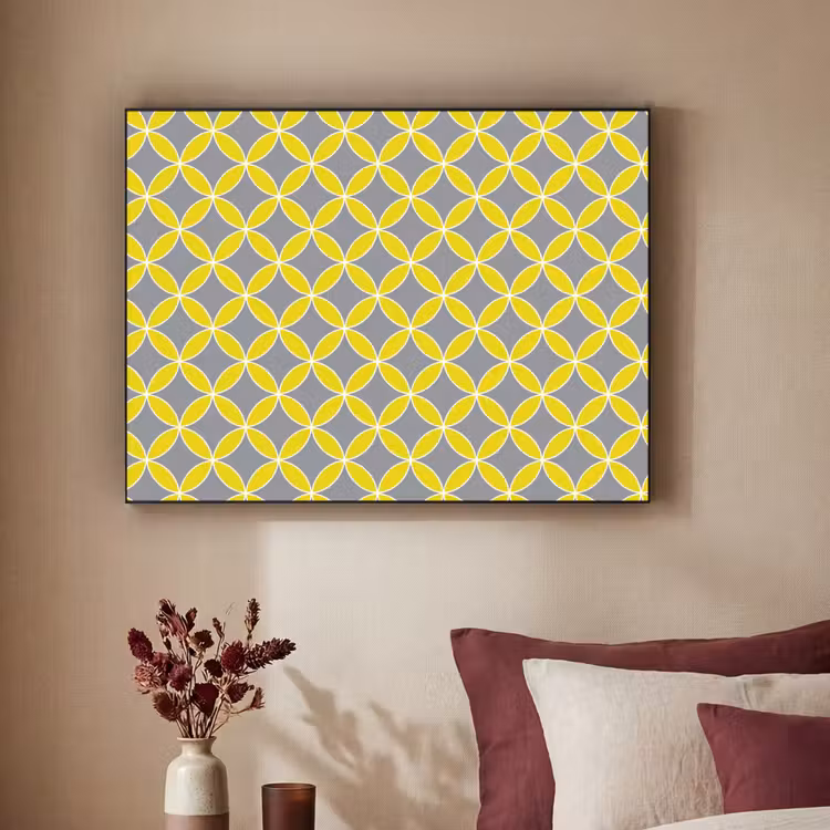 Geometrisch - Cirkels - Modern - Grijs - Geel Textielframe zwart klein 947 -sfeer1