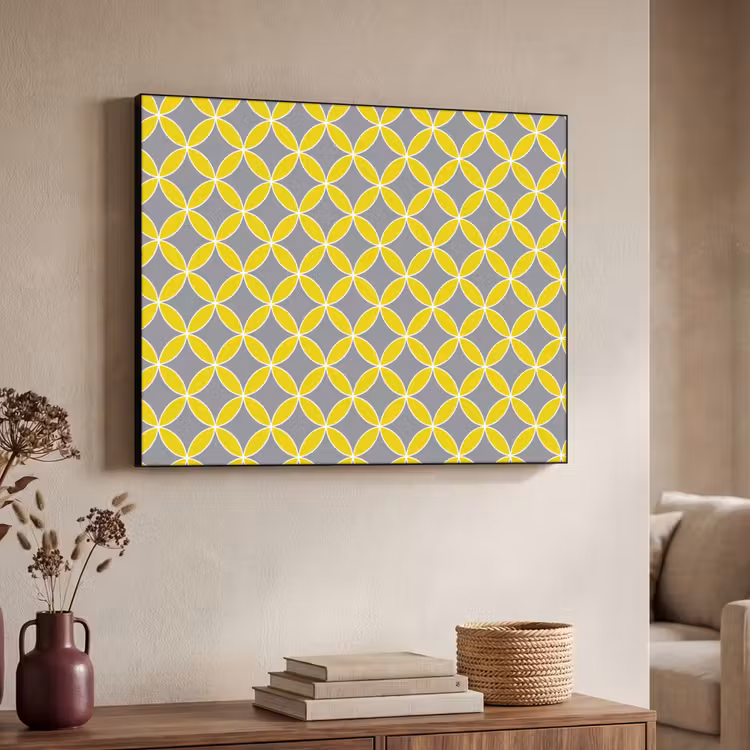 Geometrisch - Cirkels - Modern - Grijs - Geel Textielframe zwart klein 947 -sfeer3