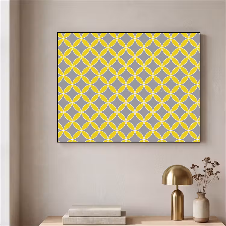 Geometrisch - Cirkels - Modern - Grijs - Geel Textielframe zwart klein 947 -sfeer2