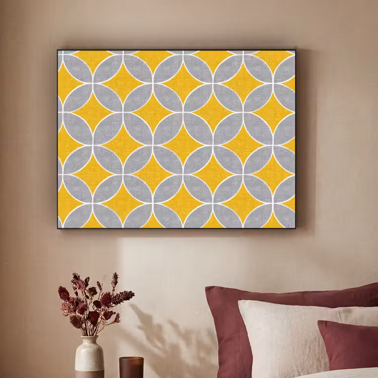 Geometrisch - Cirkels - Textuur - Grijs - Geel Textielframe zwart klein 947 -sfeer1
