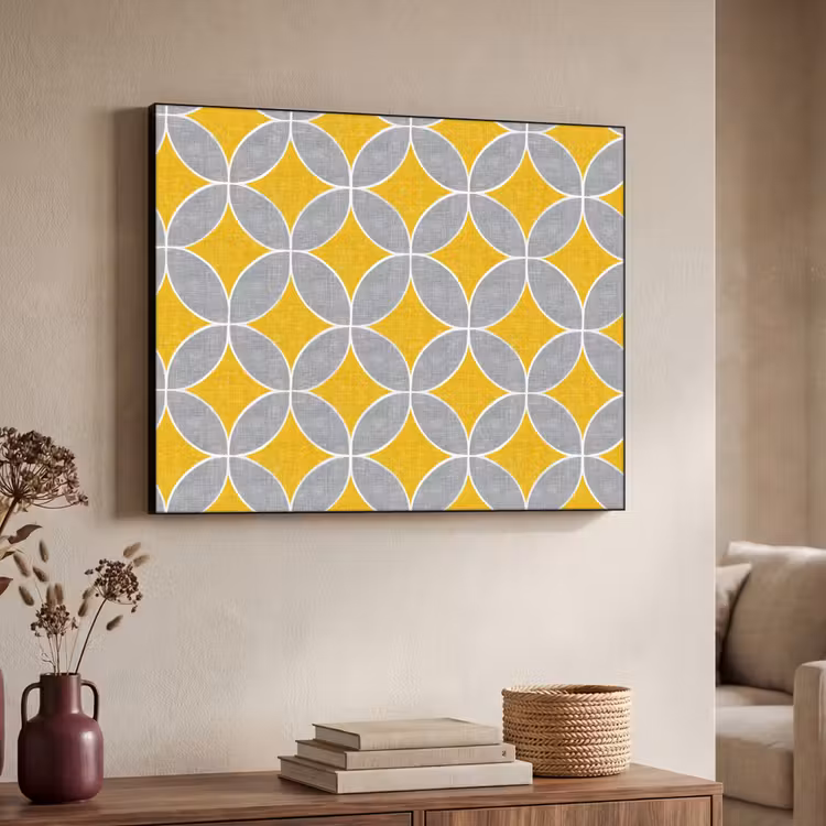 Geometrisch - Cirkels - Textuur - Grijs - Geel Textielframe zwart klein 947 -sfeer3