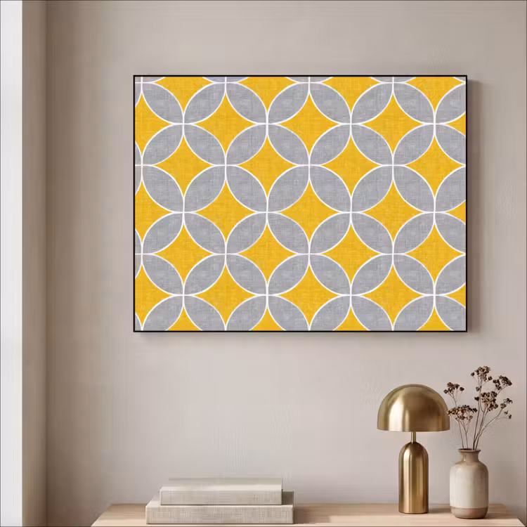 Geometrisch - Cirkels - Textuur - Grijs - Geel Textielframe zwart klein 947 -sfeer2