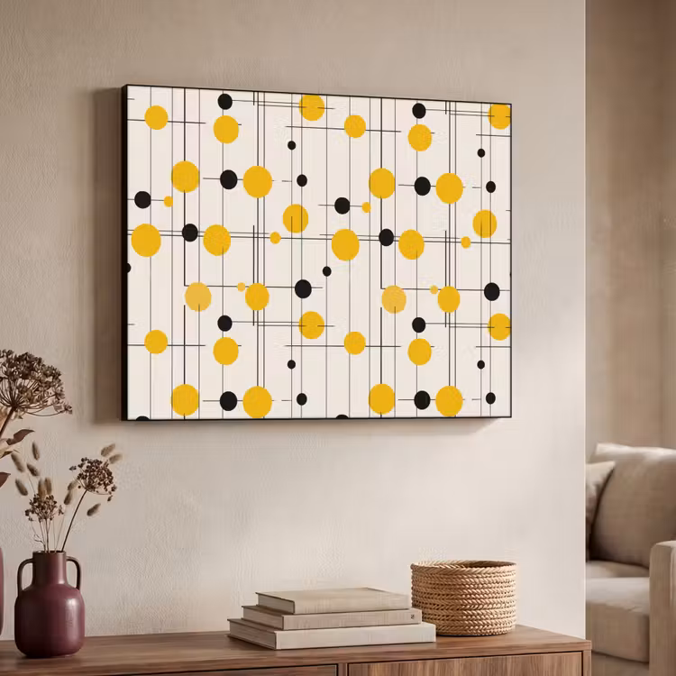 Geometrisch - Retro - Lijnen - Okergeel - Zwart Textielframe zwart klein 947 -sfeer3